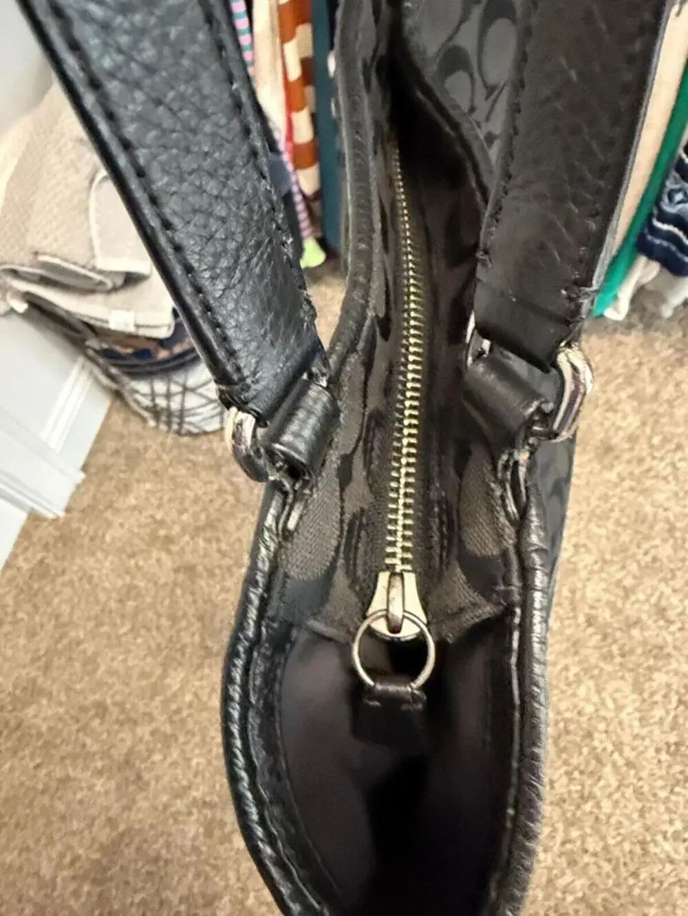Coach Black Signature Canvas Tote Bag with Leather Trim